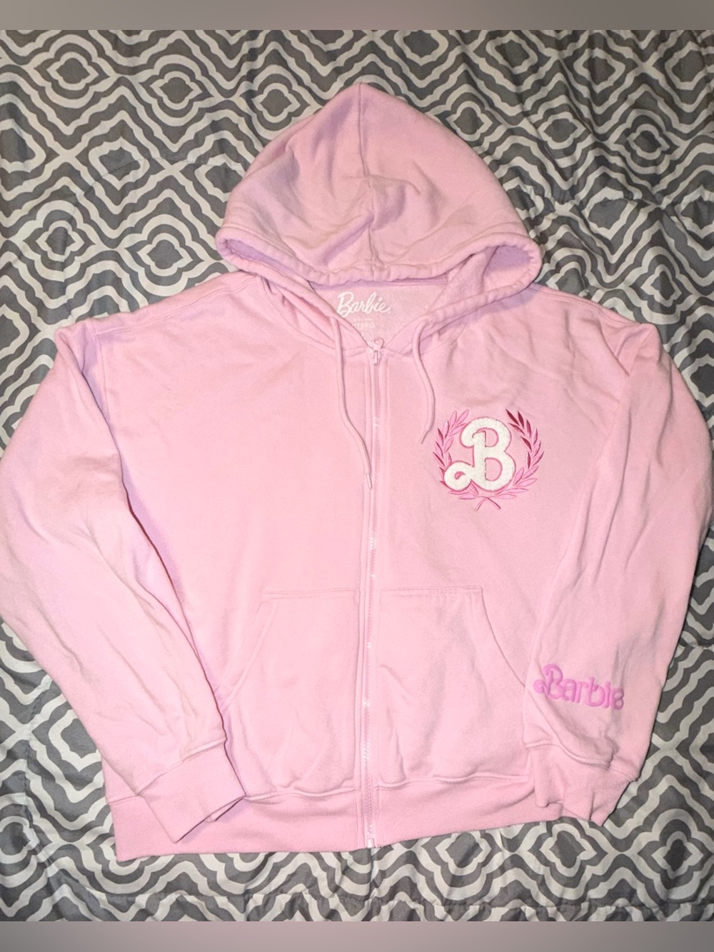 Barbie Light Pink Hooded Zip Front Jacket with Embroidered B
